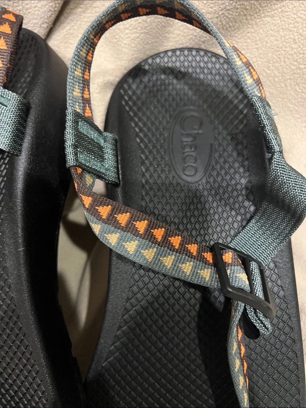 Chaco Men's Black Sandals with Green Straps and Orange Accents
